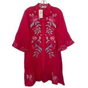 Johnny Was Talulla Tiered Flounce Dress Pink Ramie Embroidered Womens Size Small